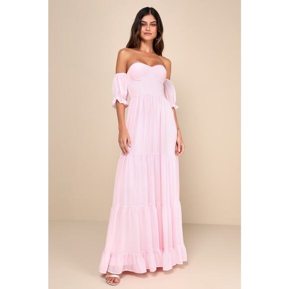 NWT Lulus Exceptionally Gorgeous Blush Chiffon Off-the-Shoulder Maxi Dress Sz XL - Picture 1 of 8